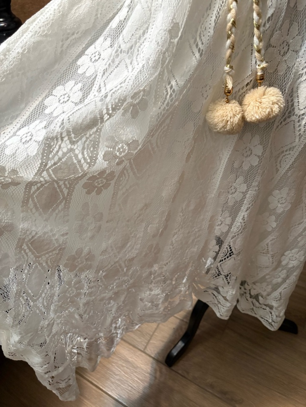 Women's Lace V-Neck Cream Maxi Dress with Pom Tie - Picture 4 of 6